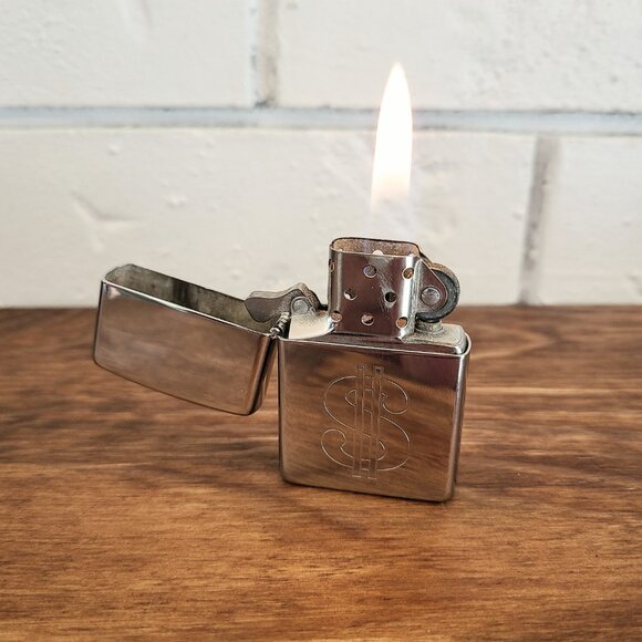 1996 Zippo Lighter, High Gloss Mirror Finish, Chrome With $ Dollar Sign Made USA - Picture 5 of 10